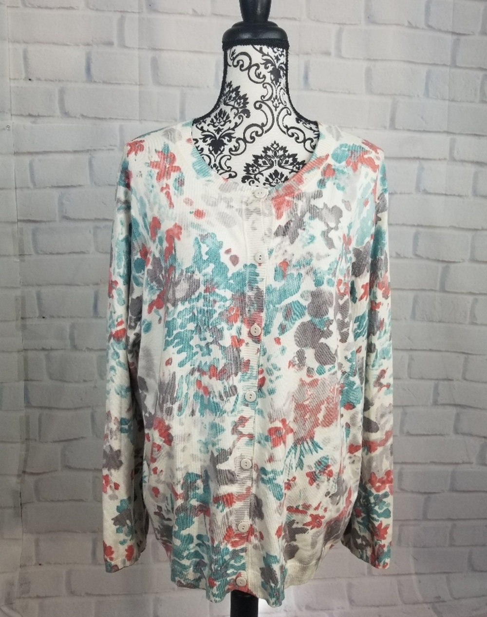 Jones New York women's floral print button front sweater long sleeve sz 3x B15